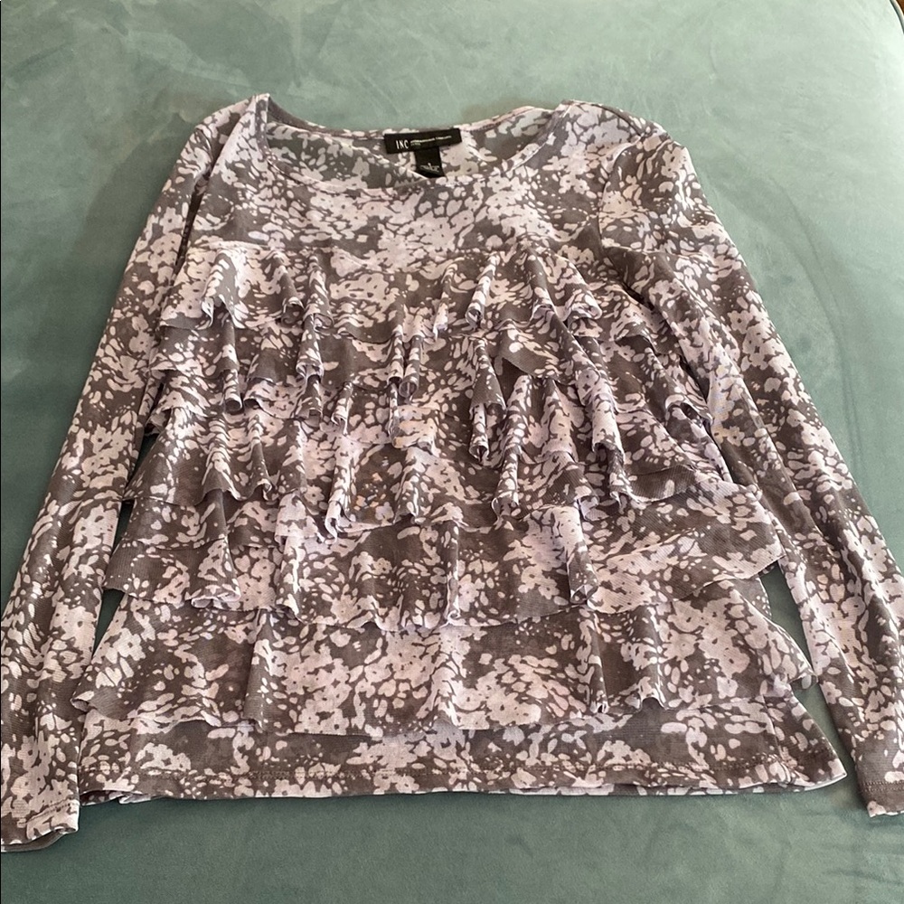 INC International Concepts Gray Purple Ruffled Long Sleeve Blouse